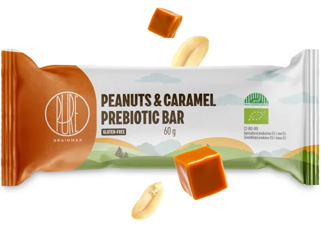 BrainMax Pure® Peanuts & Caramel Prebiotic Bar, prebiotická tyčinka, arašídy a karamel, BIO, 60 g