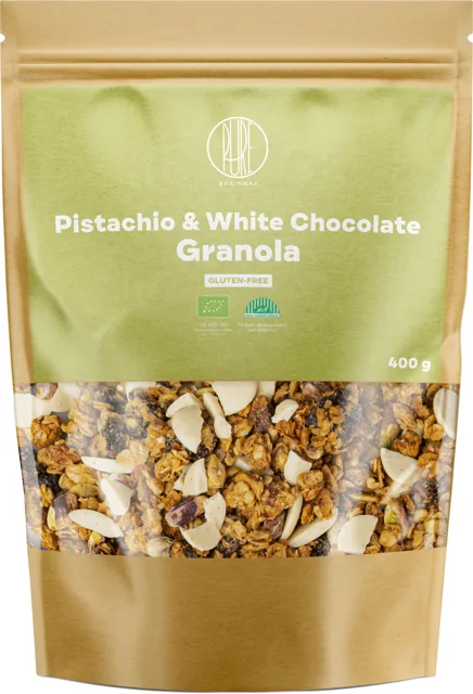 BrainMax Pure® Pistachio & White Chocolate Granola, pistácie a bílá čokoláda, BIO, 400 g