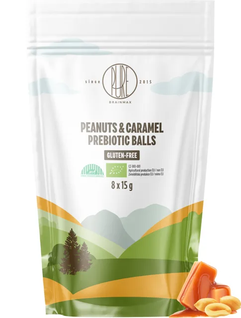 BrainMax Pure® Prebiotic Balls Peanuts and Caramel, Prebiotické kuličky, Arašídy a karamel, BIO, 8 ks