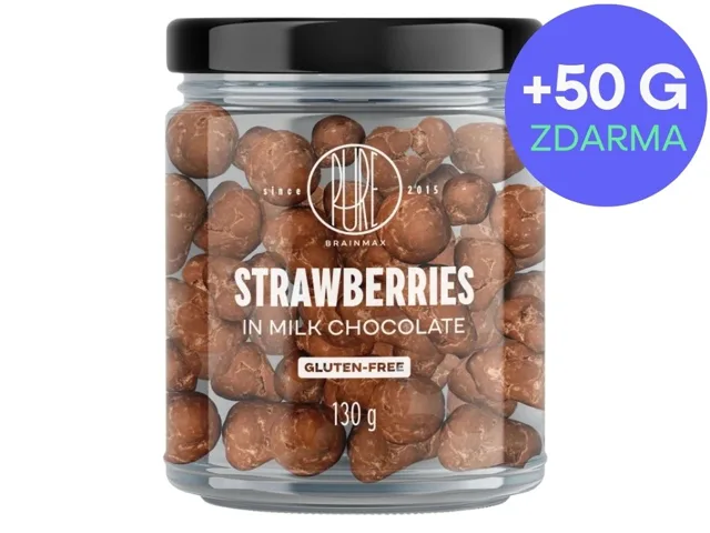BrainMax Pure® Strawberries in Milk Chocolate, Lyofilizované jahody v mléčné čokoládě, 130 g + 50 g ZDARMA