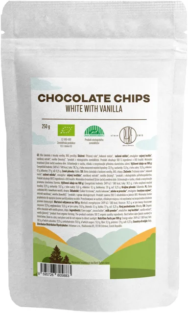 BrainMax Pure® White Chocolate with Vanilla Chips, čokoládové pecičky z bílé čokolády, BIO, 250 g