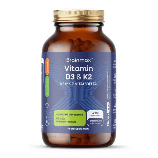 BrainMax Vitamin D3 & K2®, D3 4000 IU / K2 jako MK7 all-trans K2VITAL®DELTA 150 mcg, 100 rostlinných kapslí