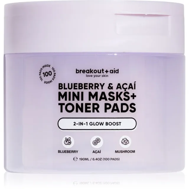 breakout + aid Mini Masks+Toner Pads Bluberry & Acai tonizační polštářky pro rozjasnění a hydrataci 100 ml