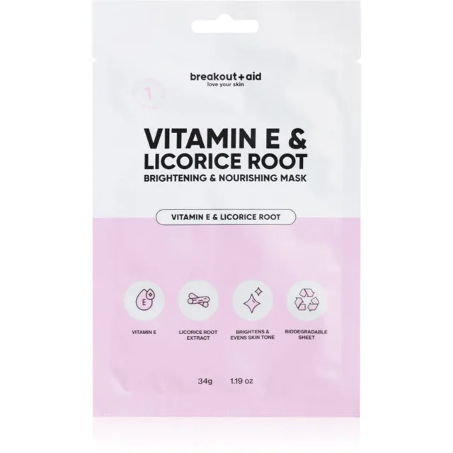 breakout + aid Vitamin E & Licorice Root rozjasňující plátýnková maska s vitamínem E 34 ks