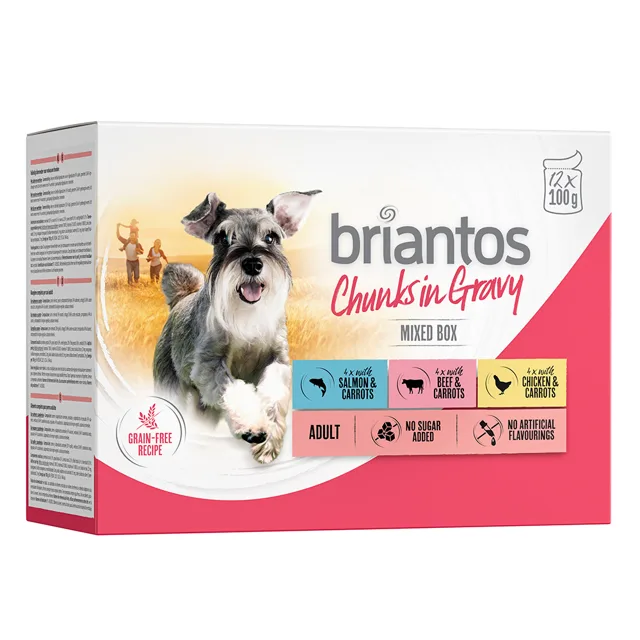 Briantos Chunks in Gravy 12 x 100 g - míchané balení (kuřecí, hovězí, losos)