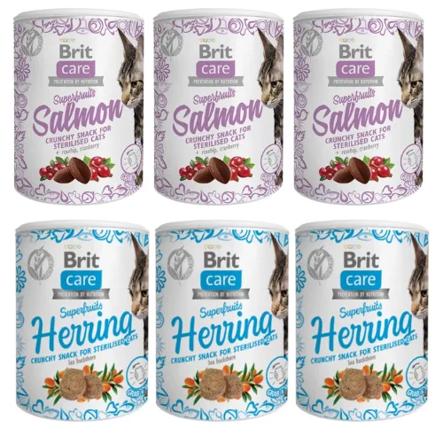 BRIT Care Cat Snack Superfruits Mix příchutě 6x100 g sledě a losos pro sterilizované kočky