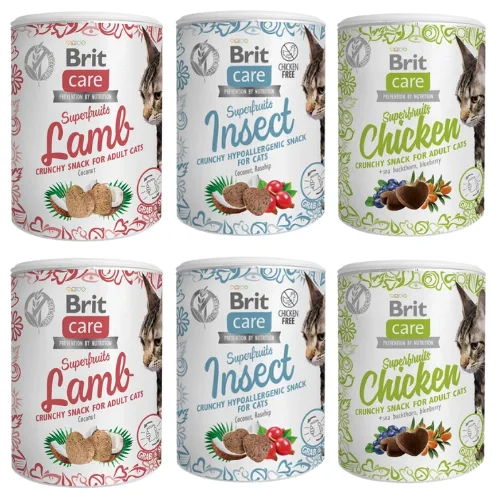 BRIT Care Snack Superfruits Mix příchutě 6x100g kočičí pamlsek s kuřecím masem, hmyzem a jehněčím