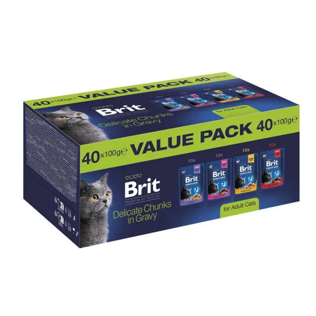BRIT Premium by Nature Cat Adult Chunks in Gravy Value Pack 40x100 g kousky masa a ryb v omáčce pro kočky