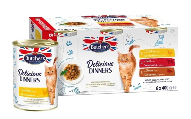 BUTCHER'S Delicious Dinners Kočičí masový výběr v želé 6x400g kousků v želé s kuřecím masem, hovězím masem a zvěřinou pro kočky