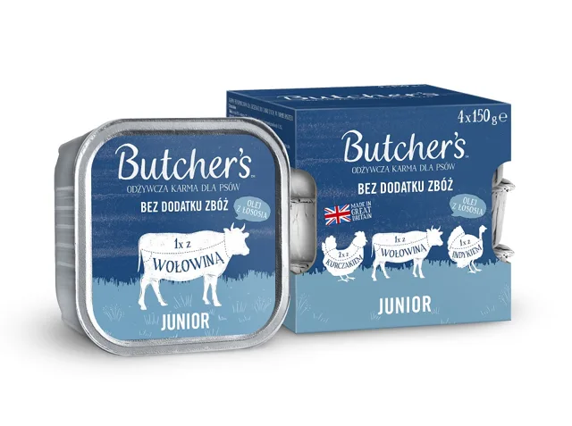 BUTCHER'S Original Junior Smíšené příchutě 4x150 g kuřecí, hovězí a krůtí paštiky pro štěňata