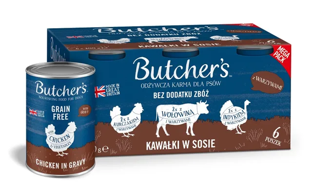 BUTCHER'S Original Recipe in gravy Směs příchutí se zeleninou 6x400 g kousků v omáčce s hovězím, krůtím a kuřecím masem pro psy