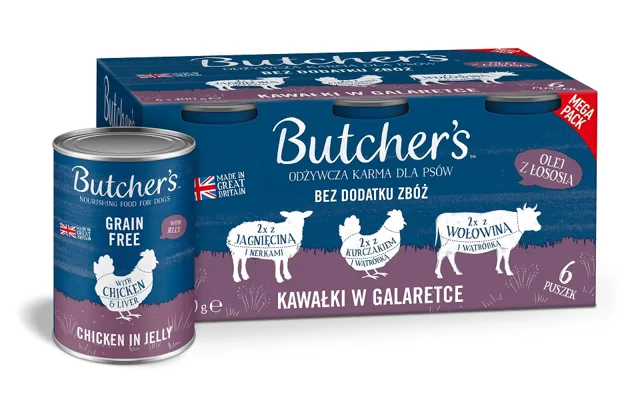 BUTCHER'S Original Recipe in jelly Smíšené příchutě s játry nebo ledvinami 6x400 g v želé s hovězím, s jehněčím a s kuřecím masem pro psy