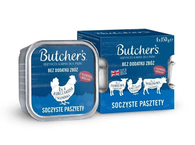 BUTCHER'S Original Šťavnatá paštika Smíšené příchutě s játry nebo ledvinami 4x150 g paštika s hovězím masem, s jehněčím a kuřecím masem pro psy
