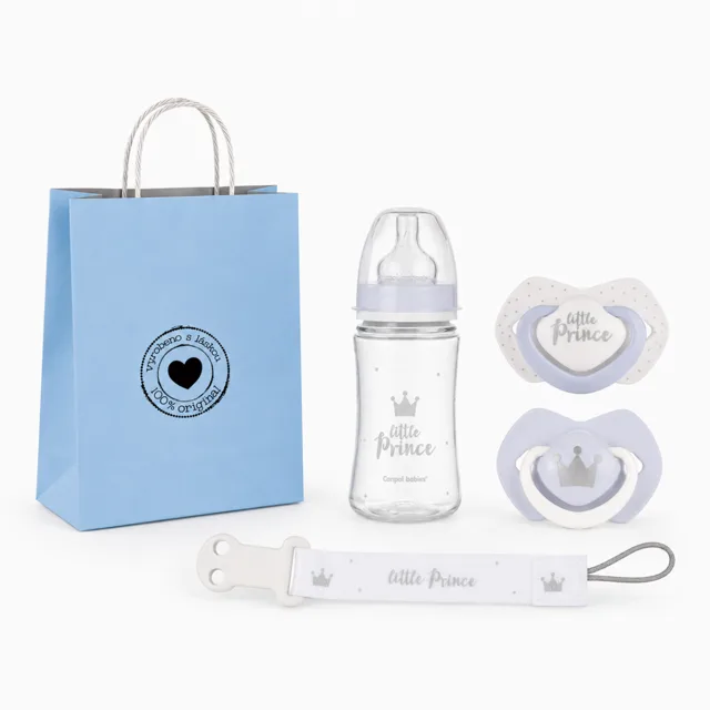 Canpol babies Dárková sada Little Prince 6–18m, lahvička, dudlíky, řetízek + taška zdarma