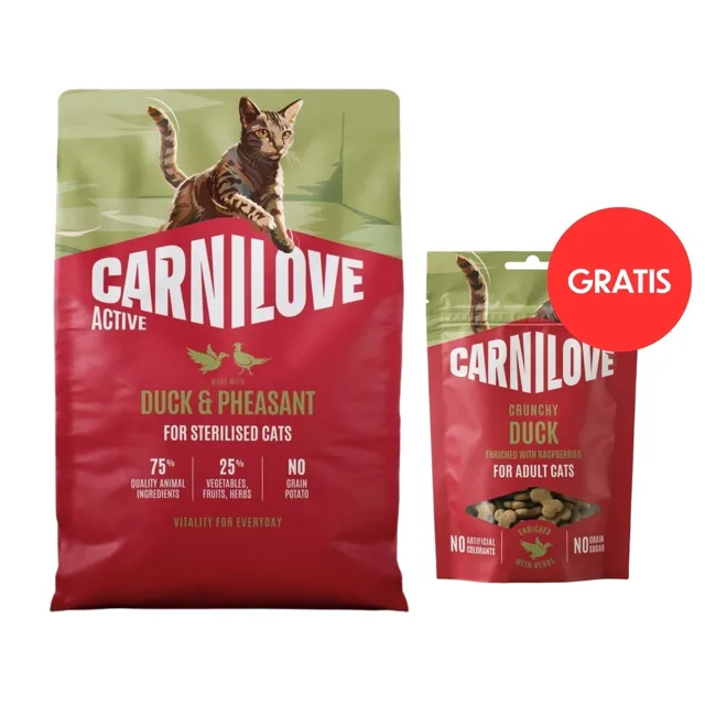 CARNILOVE Active Cat Duck &amp; Pheasant Sterilised 2 kg granule pro sterilizované kočky + CARNILOVE Crunchy Snack Cat Duck 50 g ZDARMA