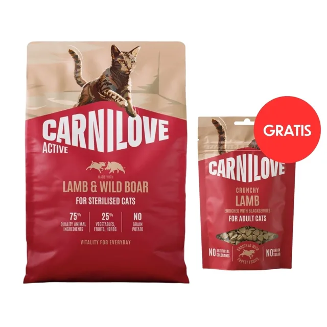 CARNILOVE Active Cat Lamb &amp; Wild Boar Sterilised 2 kg granule pro sterilizované kočky + CARNILOVE Crunchy Snack Cat Lamb 50 g ZDARMA