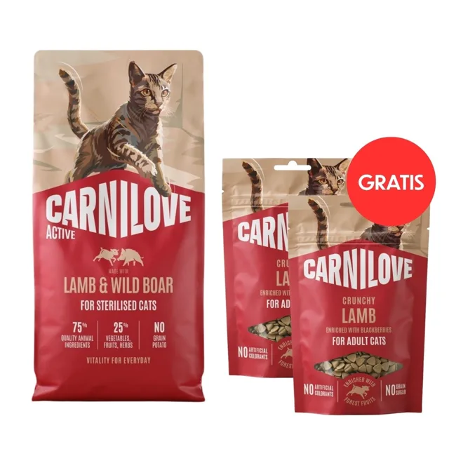 CARNILOVE Active Cat Lamb &amp; Wild Boar Sterilised 6 kg granule pro sterilizované kočky + CARNILOVE Crunchy Snack Cat Lamb 2x50 g ZDARMA