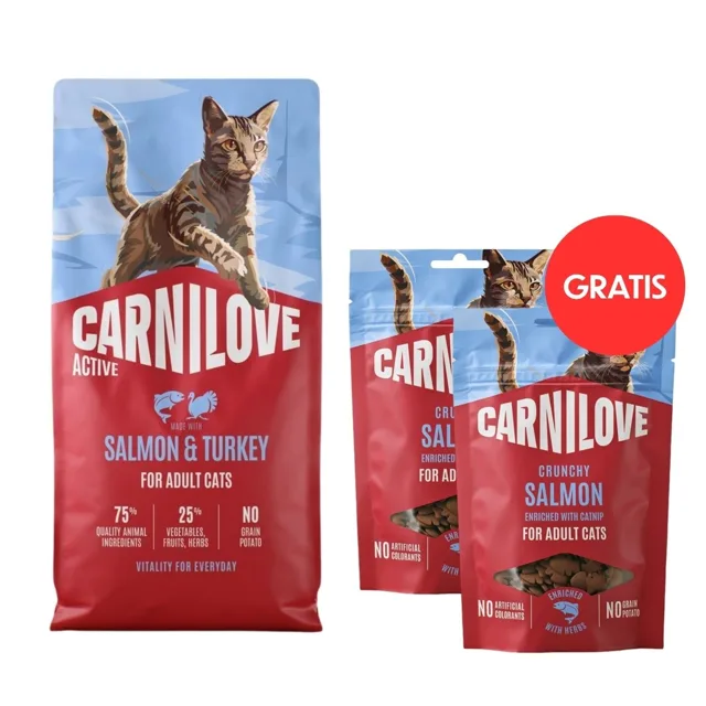CARNILOVE Active Cat Salmon &amp; Turkey Adult 6 kg granule s lososem a krůtou pro dospělé kočky + CARNILOVE Crunchy Snack Cat Losos 2x50 g ZDARMA