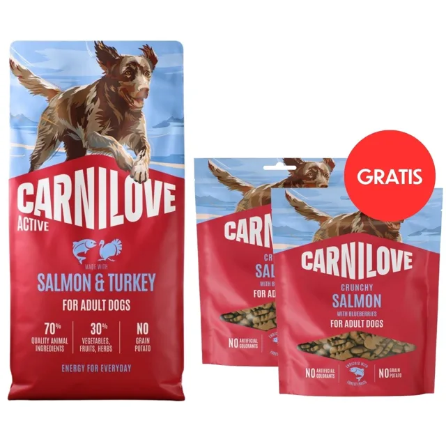 CARNILOVE Active Dog Salmon &amp; Turkey Adult 12 kg granule s lososem a krůtím masem pro aktivní psy + CARNILOVE Dog Crunchy Snack Losos 2x200g ZDARMA