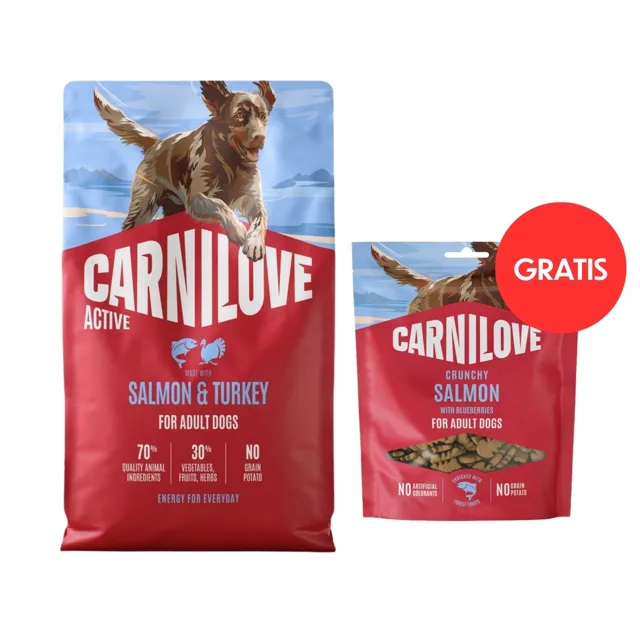 CARNILOVE Active Dog Salmon &amp; Turkey Adult 4 kg granule s lososem a krůtou pro aktivní psy + CARNILOVE Dog Crunchy Snack losos 200g ZDARMA