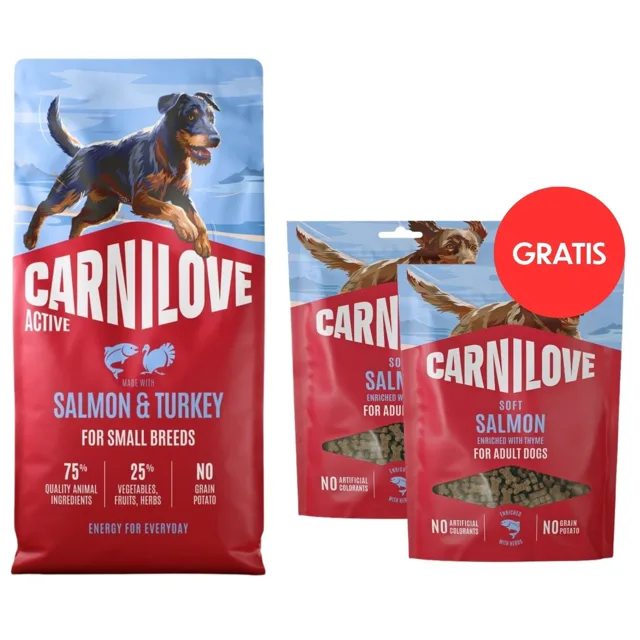 CARNILOVE Active Dog Salmon &amp; Turkey Adult Small Breeds 12 kg losos a krůta pro psy malých plemen + CARNILOVE Dog Soft Snack Salmon Small Bite 2x200g ZDARMA