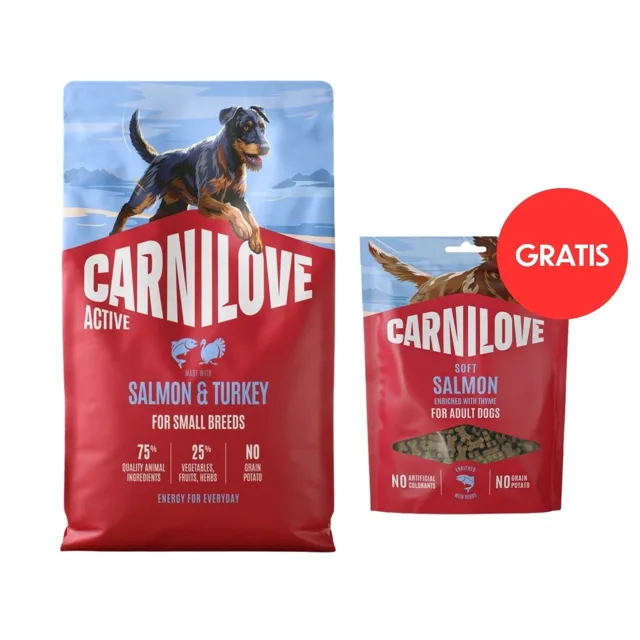 CARNILOVE Active Dog Salmon &amp; Turkey Adult Small Breeds 4 kg granule s lososem a krůtím masem pro aktivní dospělé psy malých plemen + CARNILOVE Dog Soft Snack Salmon Small Bite 200g ZDARMA