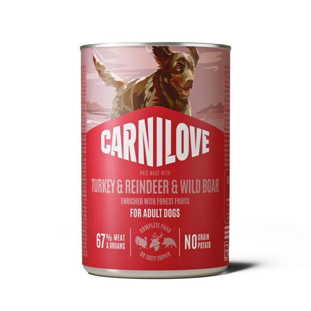 CARNILOVE Dog Can Turkey and Reindeer and Wildboar 400g paštika s krůtím, sobím a divočákem pro dospělé psy