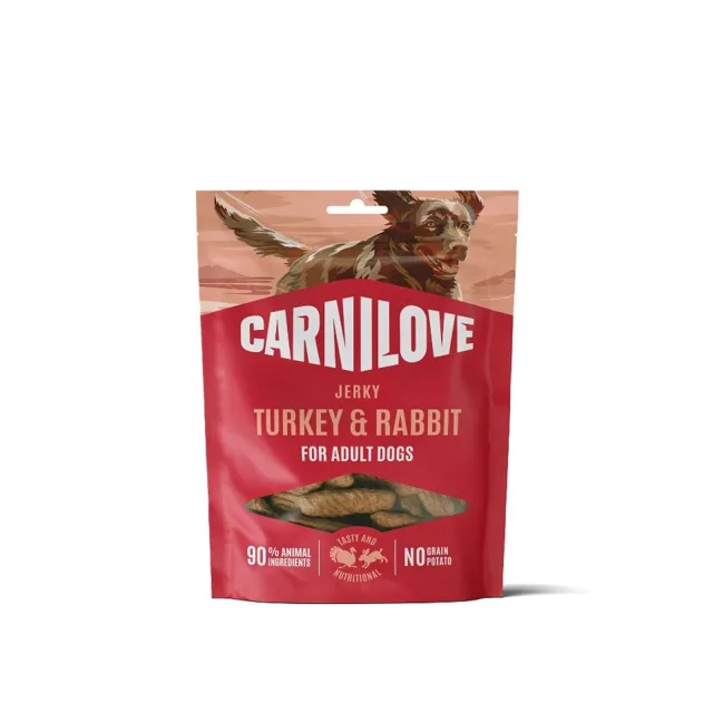 CARNILOVE Dog Jerky Turkey and Rabbit 100g pamlsky s krůtím a králičím masem pro dospělé psy