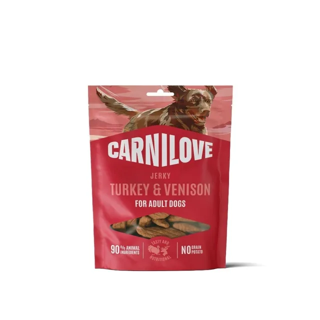 CARNILOVE Dog Jerky Turkey with Venision 100g pamlsky s krůtím a zvěřinou pro dospělé psy