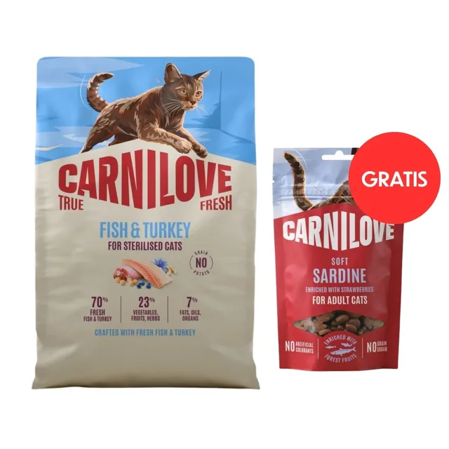 CARNILOVE True Fresh Cat Fish and Turkey Sterilised 2 kg pro kočky po sterilizaci + CARNILOVE Soft Snack Cat Sardine 50 g ZDARMA