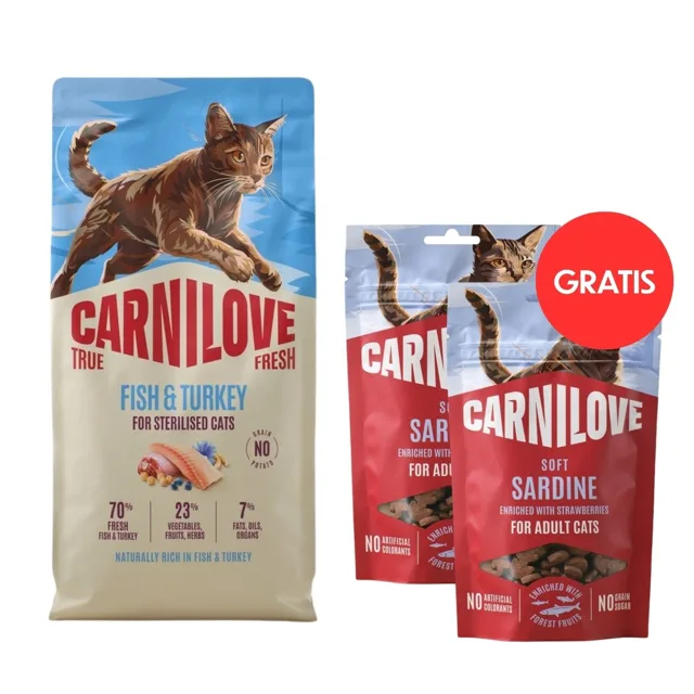 CARNILOVE True Fresh Cat Fish and Turkey Sterilised 6 kg granule pro sterilizované kočky + CARNILOVE Soft Snack Cat Sardinky 2x50 g ZDARMA