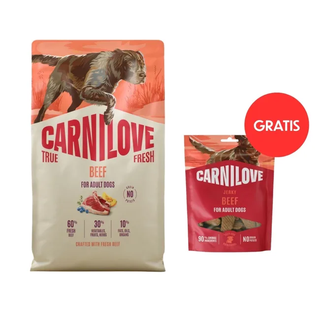 CARNILOVE True Fresh Dog Beef Adult 4 kg granule s čerstvým hovězím masem pro psy + CARNILOVE Dog Jerky Beef Filet 100g ZDARMA
