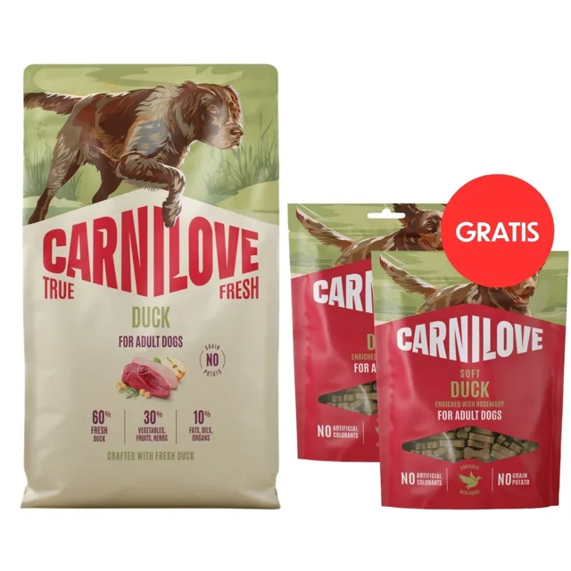 CARNILOVE True Fresh Dog Duck Adult 12 kg granule s čerstvou kachnou pro psy + CARNILOVE Dog Soft Snack Duck 2x200g ZDARMA