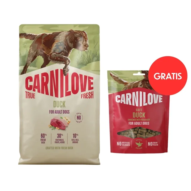 CARNILOVE True Fresh Dog Duck Adult 4 kg granule s čerstvou kachnou pro psy + CARNILOVE Dog Soft Snack Duck 200g ZDARMA