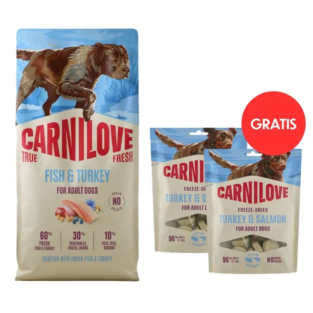 CARNILOVE True Fresh Dog Fish and Turkey Adult 12 kg granule s čerstvou krůtou pro dospělé psy + CARNILOVE Dog Freeze Dried Turkey and Salmon 2x60g ZDARMA