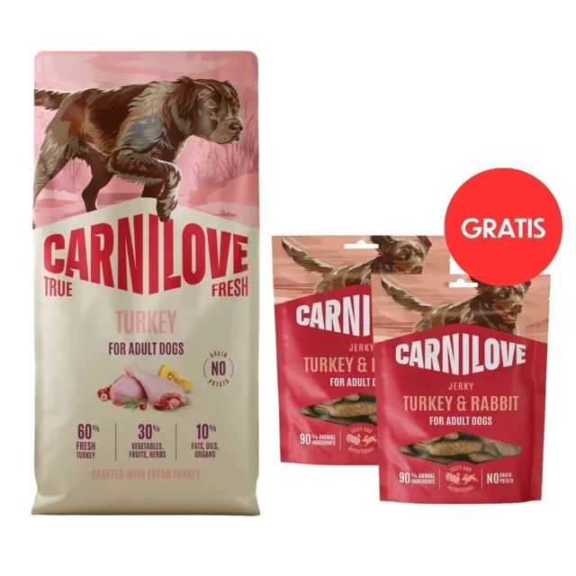 CARNILOVE True Fresh Dog Turkey Adult 12 kg granule s čerstvým krůtím masem pro psy + CARNILOVE Dog Jerky Turkey &amp; Rabbit 2x100g ZDARMA