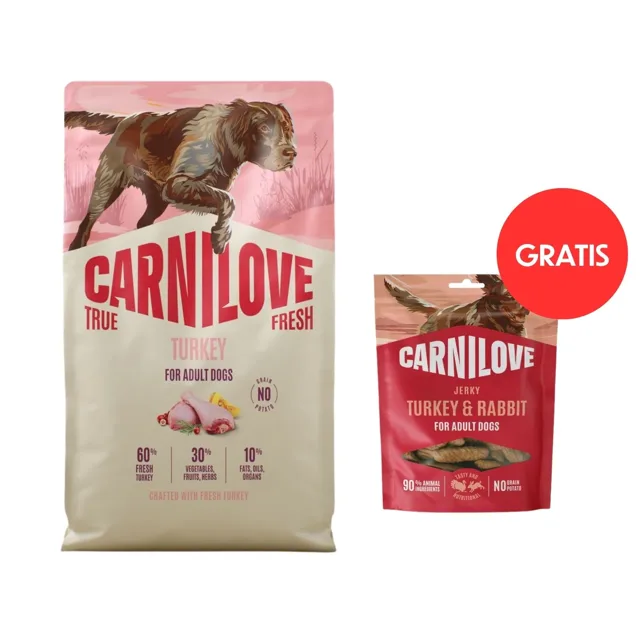 CARNILOVE True Fresh Dog Turkey Adult 4 kg granule s čerstvým krůtím masem pro psy + CARNILOVE Dog Jerky Turkey &amp; Rabbit 100g ZDARMA