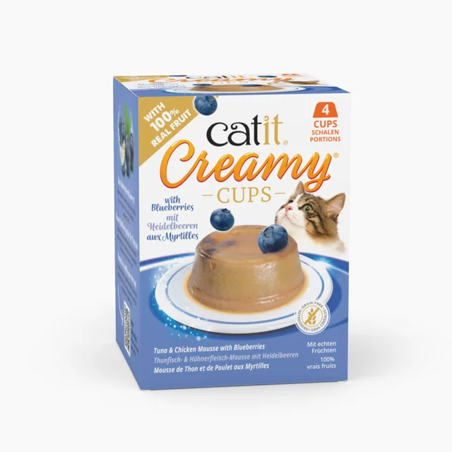 Catit Creamy Cups 4 x 25 g - tutňák a kuře s borůvkami