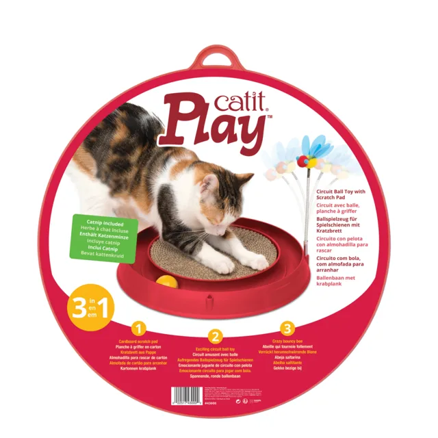 Catit Play-N-Scratch – 3 in 1 hračka pro kočky se škrabadlem - Ø cca 36 cm x V 25 cm (červená)