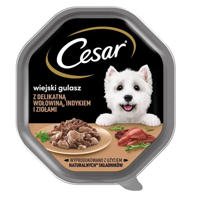 CESAR 150 g kompletní krmivo pro dospělé psy v omáčce s jemným hovězím, krůtím masem a bylinkami