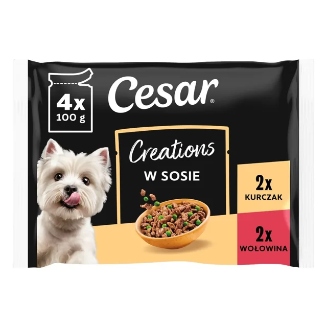 CESAR Creations Kuře s hráškem a hovězí s mrkví v omáčce 4×100 g mokré krmivo pro dospělé psy
