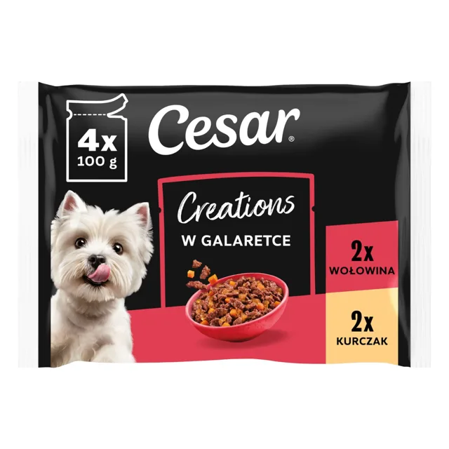 CESAR Creations Kuře s hráškem a hovězí s mrkví v želé 4×100 g mokré krmivo pro dospělé psy