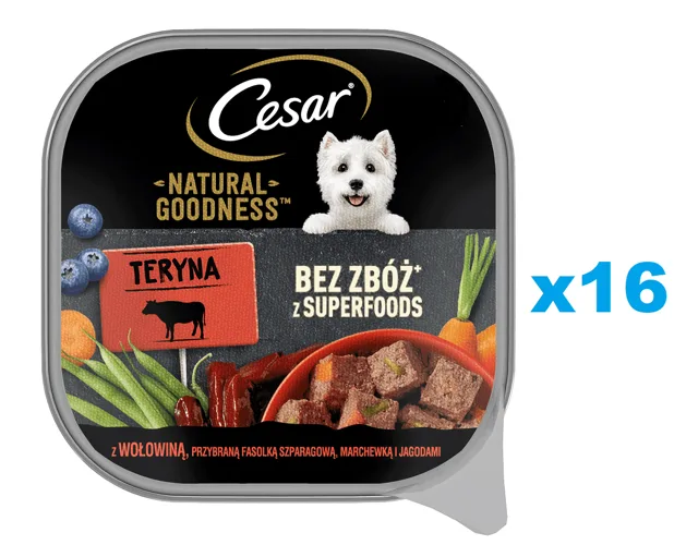 CESAR Natural Goodness Mus tác 16x100 g kompletní mokré krmivo pro dospělé psy s hovězím masem, zdobené zelenými fazolkami, mrkví a lesním ovocem