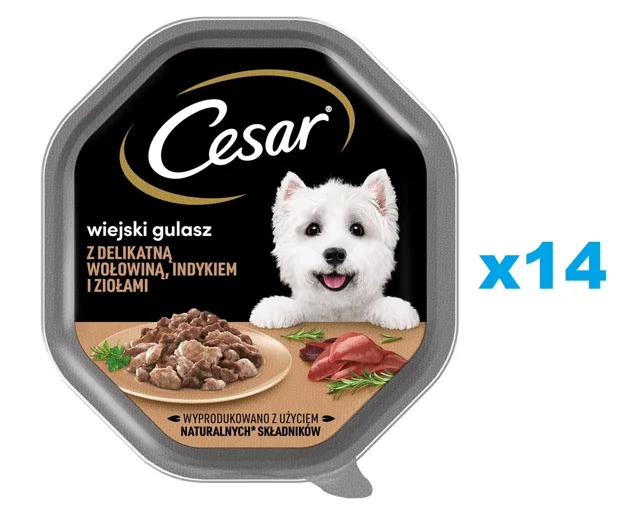 CESAR tác 14x150 g kompletní mokré krmivo pro dospělé psy v omáčce s jemným hovězím, krůtím masem a bylinkami
