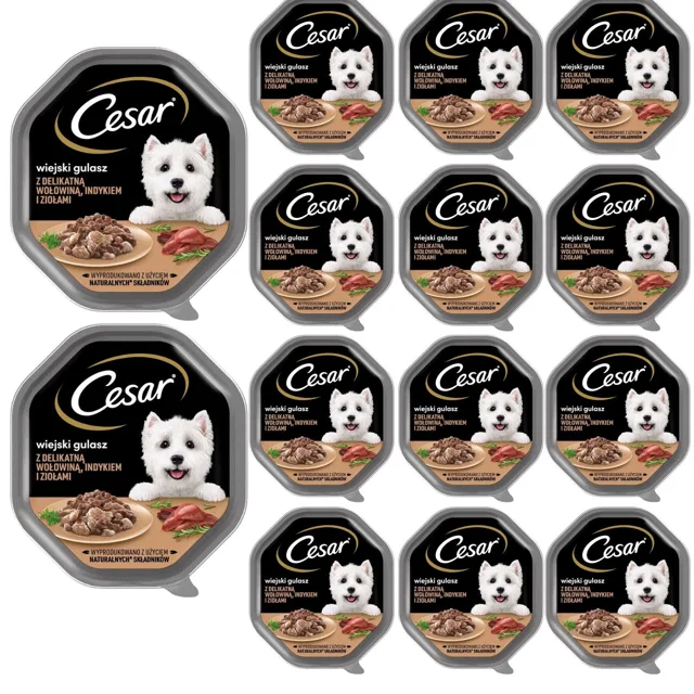 CESAR tacka 14x150 g Kompletní krmivo pro dospělé psy v omáčce s jemným hovězím, krůtím masem a bylinkami