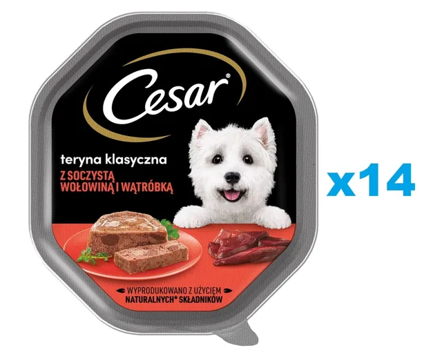 CESAR vanička 14x150 g kompletní krmivo pro dospělé psy se šťavnatým hovězím masem a játry