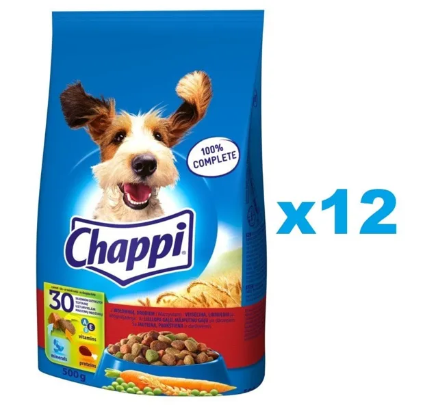 CHAPPI 12x500 g - krmivo pro psy s hovězím masem, drůbeží a zeleninou