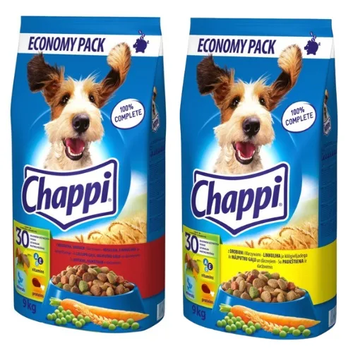CHAPPI Mix příchutí 2x9kg granule pro psy s drůbežím masem a zeleninou, hovězím masem a drůbežím masem se zeleninou