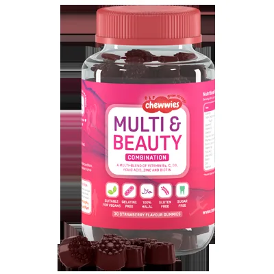 Chewwies  Multi & Beauty (Zdravé vlasy, pokožka, nehty), jahoda, 30 gumových bonbónů