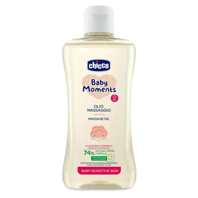CHICCO Olej masážní s bavlnou a vitamínem E Baby Moments sensitive 74 % přírodních složek 200 ml